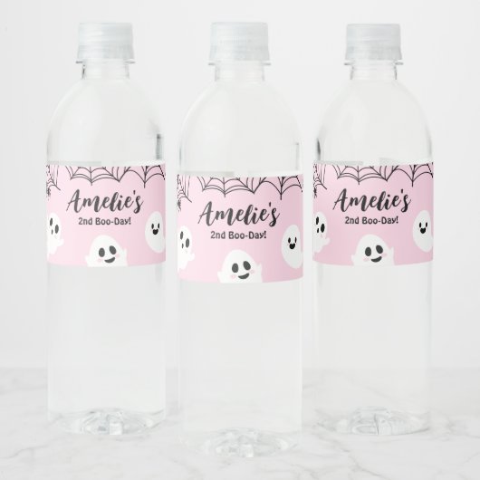 Pink Halloween Spooky Ghost Waterfles Etiket (Flessen)