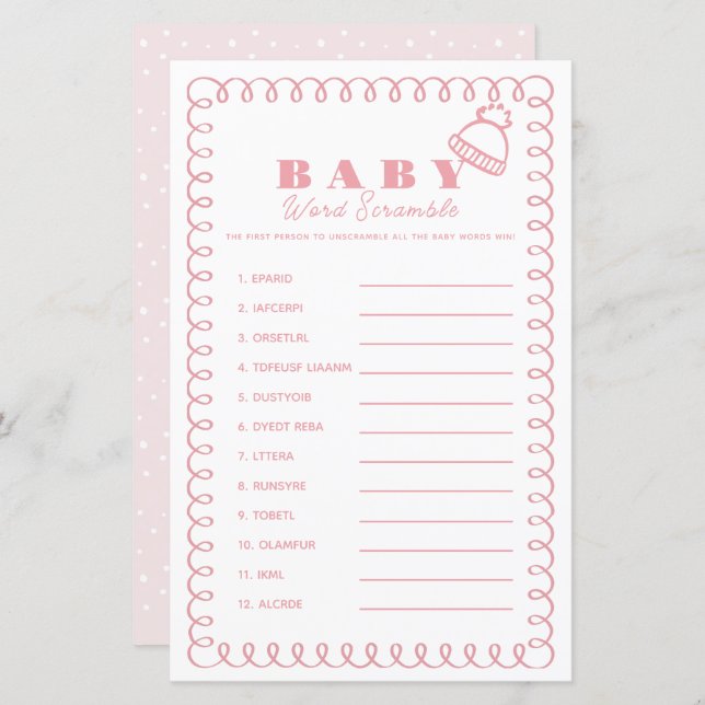 Pink Hand-Drawn Beanie Girl Baby Word Scramble (Voorkant / Achterkant)