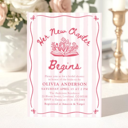 Pink Hand Drawn Book Her New Chapter Bridal Shower Kaart
