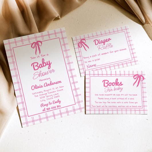 Pink Hand Drawn Bow Gingham Boho Girl Baby Shower  Kaart