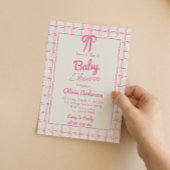 Pink Hand Drawn Bow Gingham Boho Girl Baby Shower  Kaart