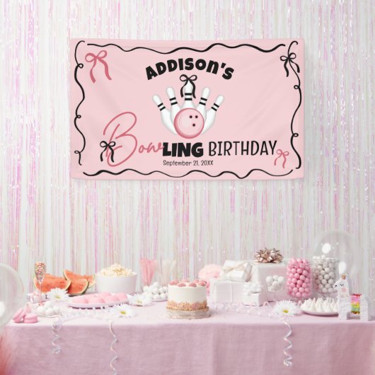 Pink Hand Drawn BOWling Bows Girl Birthday Party Spandoek (Feest)