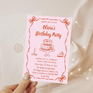 Pink Hand-Drawn Cake & Ribbon Border Birthday  Kaart