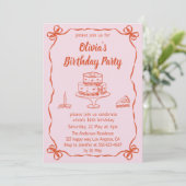 Pink Hand-Drawn Cake & Ribbon Border Birthday Kaart (Staand voorkant)