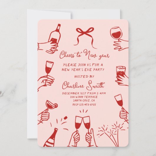 Pink Hand Drawn “Cheers to New Year” Holiday Party Kaart (Voorkant)