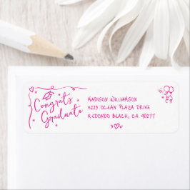 Pink Hand Drawn Doodle Graduation White Address Etiket