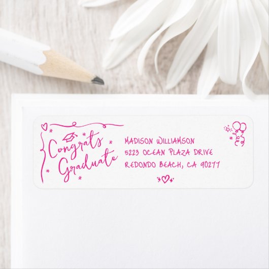 Pink Hand Drawn Doodle Graduation White Address Etiket (Insitu)