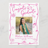 Pink Hand Drawn Doodles Graduate 4 Photo White Fun Aankondiging (Voorkant)