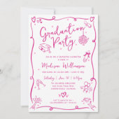 Pink Hand Drawn Doodles Graduation Fun White Party Kaart (Voorkant)