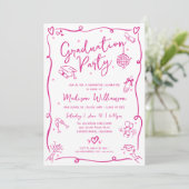 Pink Hand Drawn Doodles Graduation Fun White Party Kaart (Staand voorkant)