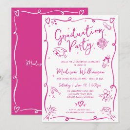 Pink Hand Drawn Doodles Graduation Fun White Party Kaart