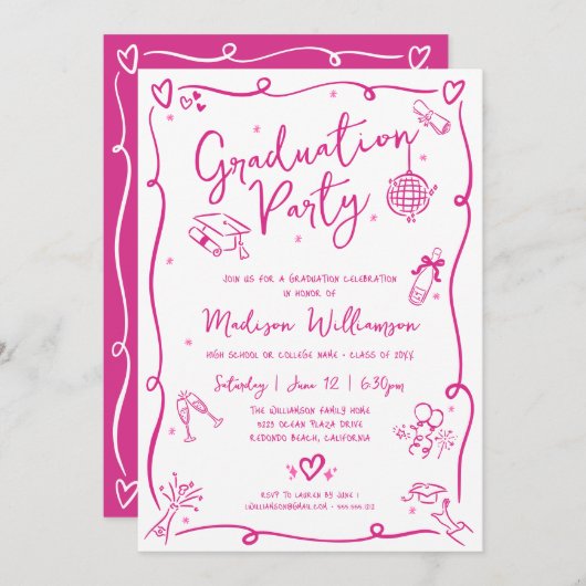 Pink Hand Drawn Doodles Graduation Fun White Party Kaart (Voorkant / Achterkant)