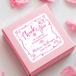 Pink Hand Drawn Doodles Graduation Thank You White Vierkante Sticker