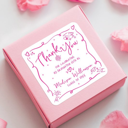 Pink Hand Drawn Doodles Graduation Thank You White Vierkante Sticker