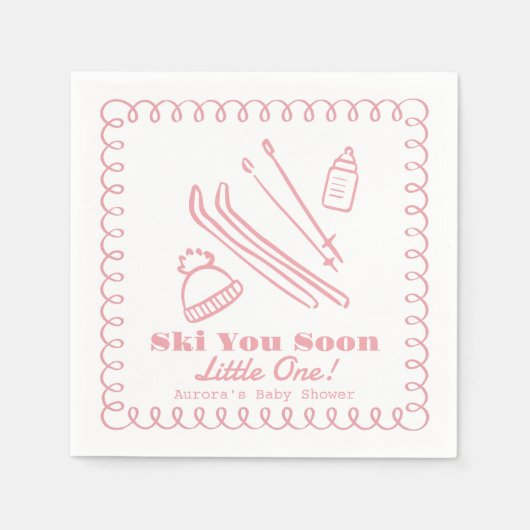 Pink Hand-Drawn Ski You Soon Girl Baby Shower Servet (Voorkant)