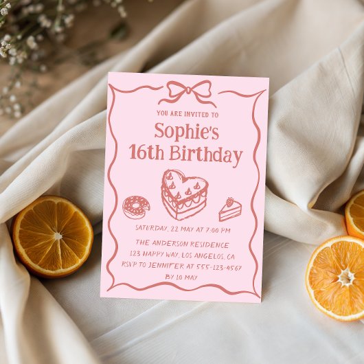 Pink Hand-Drawn Sweets Sweet 16 Birthday Kaart