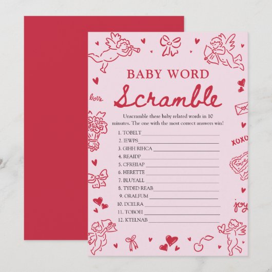 Pink Hand Drawn Valentine Baby Word Scramble Game Kaart (Voorkant / Achterkant)
