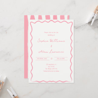 Pink Hand Written Pinstripes Whimsical Wedding Kaart