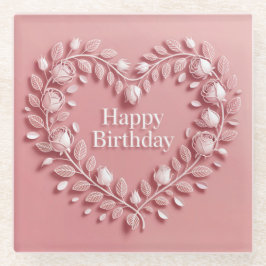 Pink Happy Birthday Flowers Heart Glass Onderzette Glazen Onderzetter