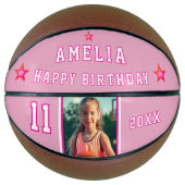 Pink Happy Birthday Stars Speler Foto Basketbal (Voorkant)