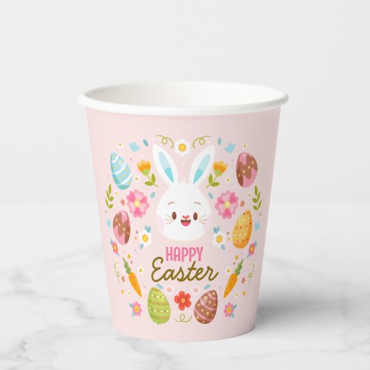 Pink Happy Easter Bunny Floral  Papieren Bekers (Voorkant)