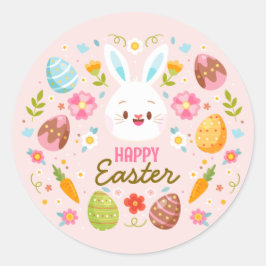 Pink Happy Easter BunnySpring  Floral  Ronde Sticker