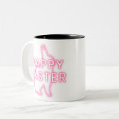 Pink happy Easter sign with bunny neon light trans Tweekleurige Koffiemok (Voorkant links)