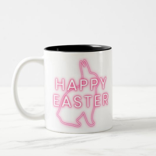 Pink happy Easter sign with bunny neon light trans Tweekleurige Koffiemok (Links)