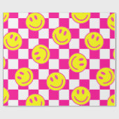 Pink Happy Face Check Groovy Cadeaupapier (Vlak)