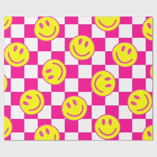 Pink Happy Face Check Groovy Cadeaupapier (Vlak)