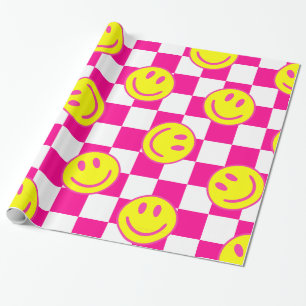 Pink Happy Face Check Groovy Cadeaupapier