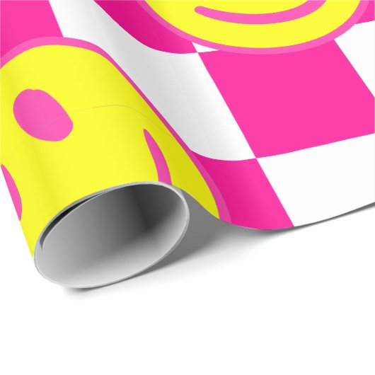 Pink Happy Face Check Groovy Cadeaupapier (Rol Hoek)