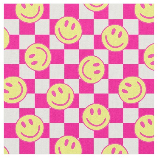 Pink Happy Face Check Groovy Stof (Close Up)