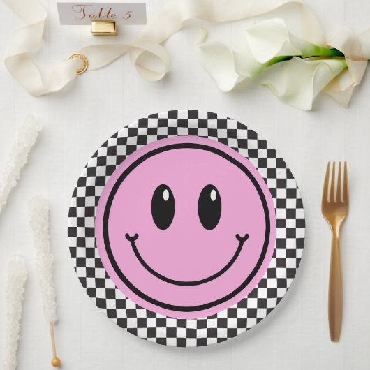 Pink Happy Face Checker Verjaardag voor kinderen Papieren Bordje (Huwelijk)