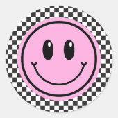 Pink Happy Face Checker Verjaardag voor kinderen Ronde Sticker (Voorkant)