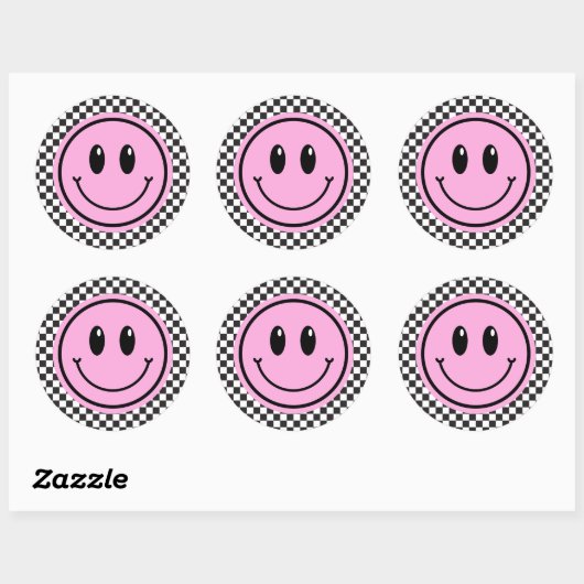 Pink Happy Face Checker Verjaardag voor kinderen Ronde Sticker (Vel)