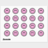 Pink Happy Face Checker Verjaardag voor kinderen Ronde Sticker (Vel)