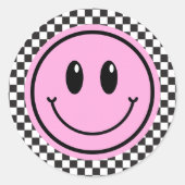 Pink Happy Face Checker Verjaardag voor kinderen Ronde Sticker (Voorkant)