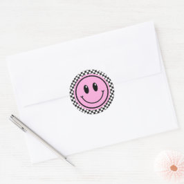 Pink Happy Face Checker Verjaardag voor kinderen Ronde Sticker