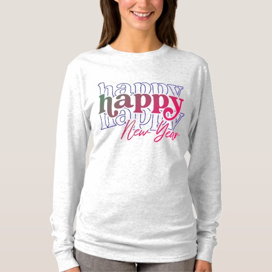 Pink Happy New Year Stacked T-shirt met lang Sleev (Voorkant)