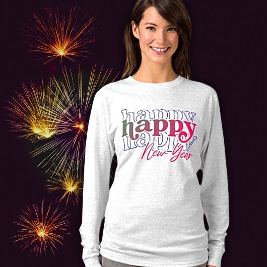 Pink Happy New Year Stacked T-shirt met lang Sleev