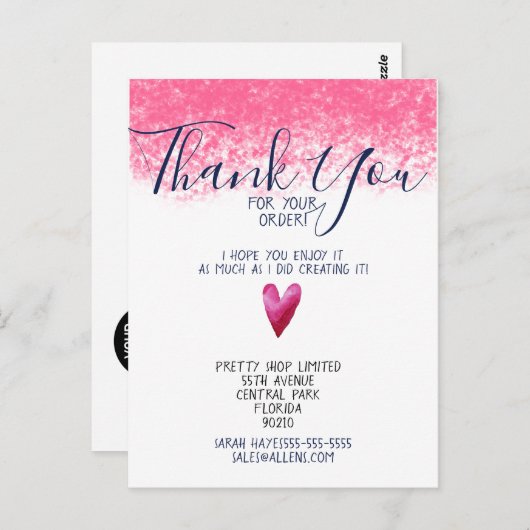 PINK Hartelijk dank voor uw bestelling Zakelijke t Briefkaart (Voorkant / Achterkant)