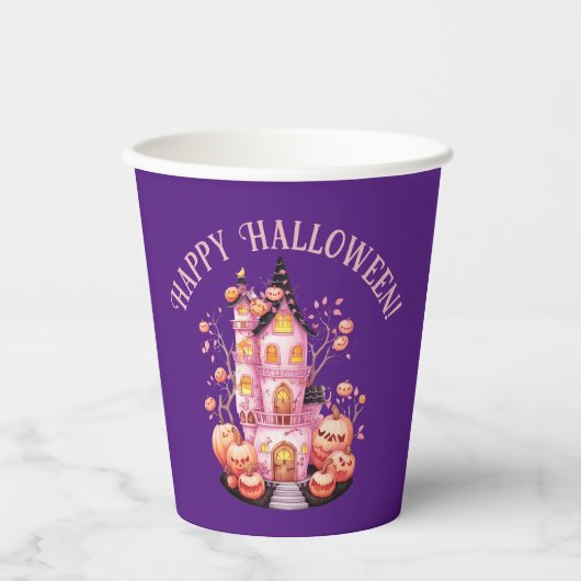 Pink Haunted Halloween Castle Party Paper Cup Papieren Bekers (Voorkant)