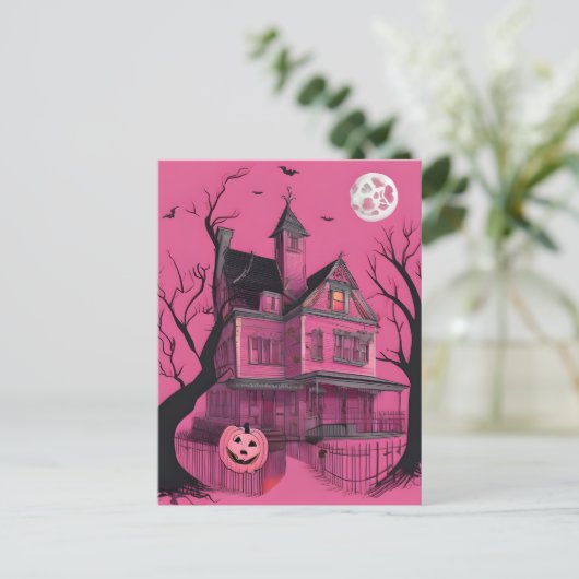Pink Haunted Halloween House Briefkaart (Staand voorkant)
