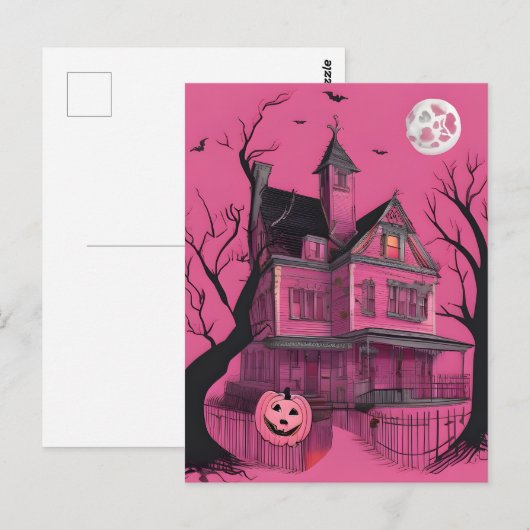 Pink Haunted Halloween House Briefkaart (Voorkant / Achterkant)