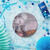 Pink Haunted House Black Cat Custom Halloween Papieren Bordje (Feest)