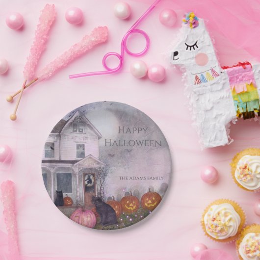 Pink Haunted House Black Cat Custom Halloween Papieren Bordje (Feest)