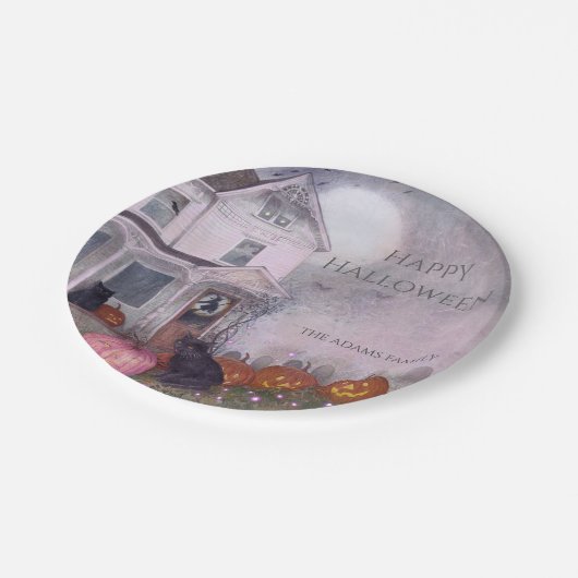 Pink Haunted House Black Cat Custom Halloween Papieren Bordje (Gekanteld)