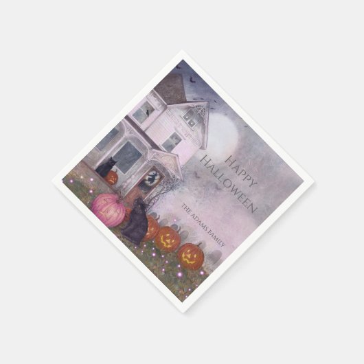 Pink Haunted House Black Cat Custom Halloween Servet (Hoek)
