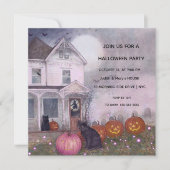 Pink Haunted House Black Cat Halloween Party Kaart (Voorkant)